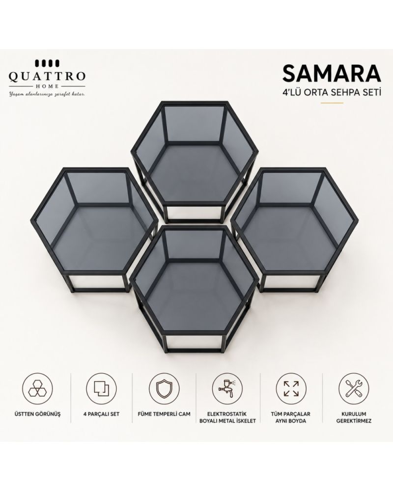 Samara Füme Camlı 4’lü Altıgen Orta Sehpa Seti