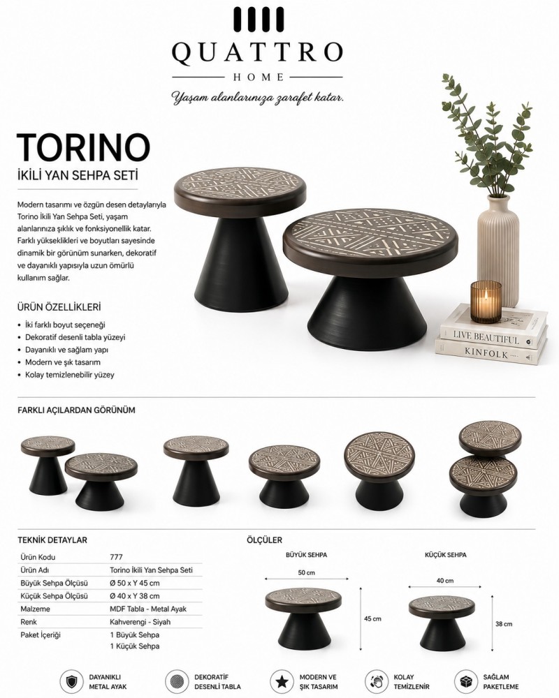 Torino Dekoratif Desenli İkili Yan Sehpa Seti