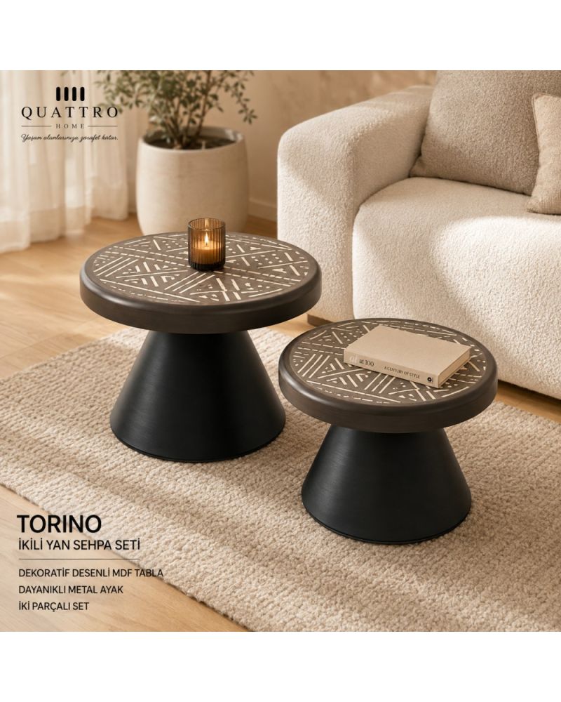 Torino Dekoratif Desenli İkili Yan Sehpa Seti