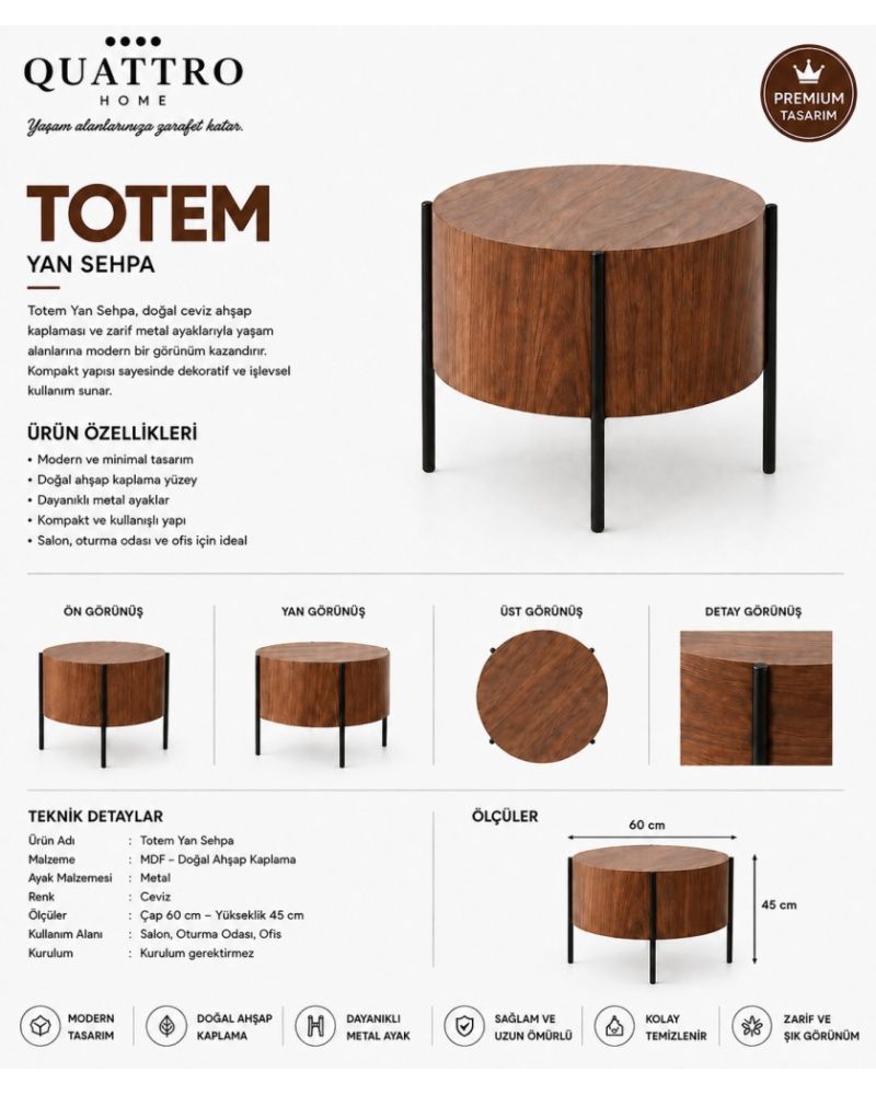 Totem Yuvarlak Yan Sehpa