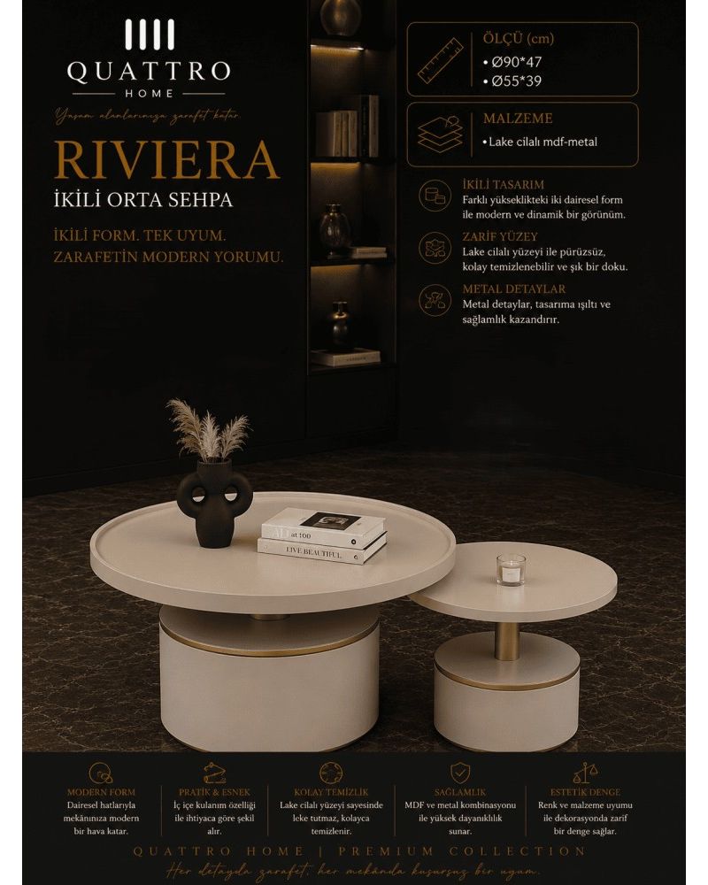 Quattro Home Riviera İkili Orta Sehpa Krem Gold Lake Cilalı MDF Metal Ayaklı Ø90x47 Ø55x39 cm