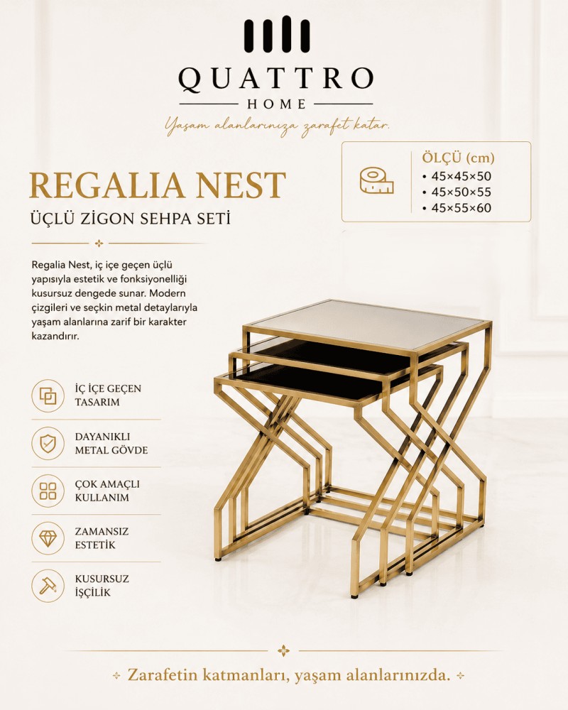 Regalia Nest Dikdörtgen Üçlü Zigon Sehpa Seti Gold Metal Aynalı Yüzey 45x45x50 45x50x55 45x55x60 cm