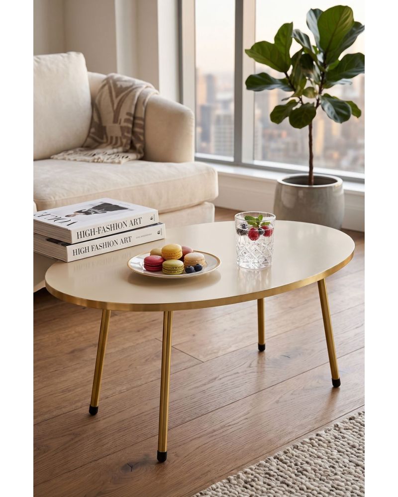 Goldfalez Gold Metal Oval Orta Sehpa Krem