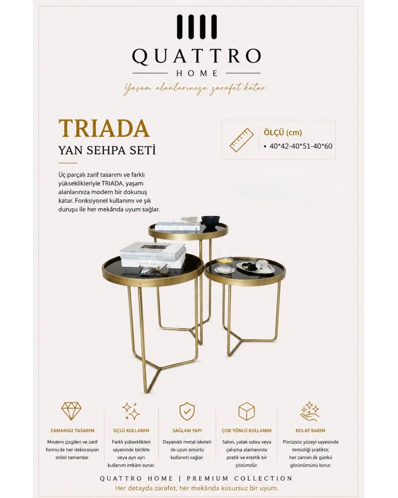 Quattro Home Triada Üçlü Yuvarlak Yan Sehpa Seti Gold Metal Ayaklı Aynalı Yüzey 40x42 40x51 40x60 cm