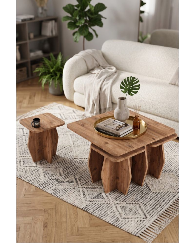 Orta Sehpa Ve Zigon Sehpa 5'li Set Modern Çok Amaçlı Salon Oturma Odası Yan Sehpa 9248 Atlantik Çam