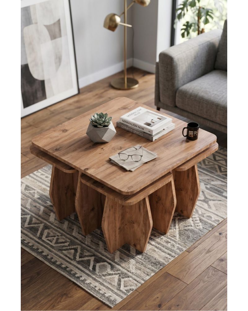Orta Sehpa Ve Zigon Sehpa 5'li Set Modern Çok Amaçlı Salon Oturma Odası Yan Sehpa 9248 Atlantik Çam