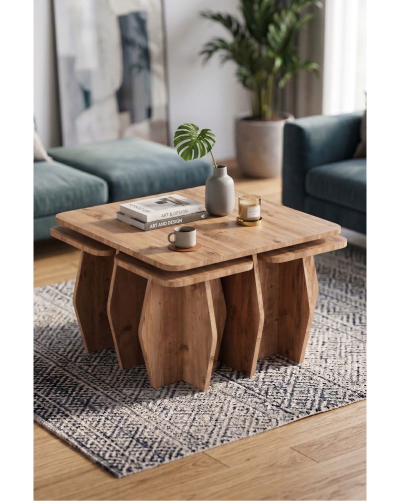 Orta Sehpa Ve Zigon Sehpa 5'li Set Modern Çok Amaçlı Salon Oturma Odası Yan Sehpa 9248 Atlantik Çam