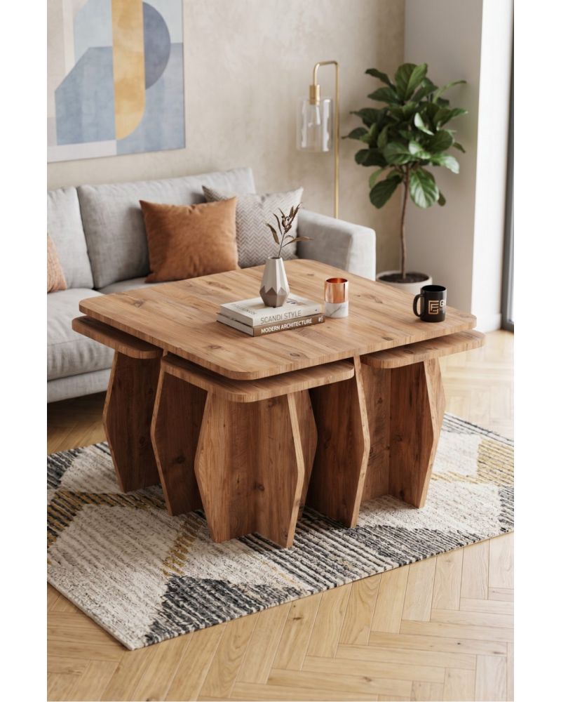 Orta Sehpa Ve Zigon Sehpa 5'li Set Modern Çok Amaçlı Salon Oturma Odası Yan Sehpa 9248 Atlantik Çam