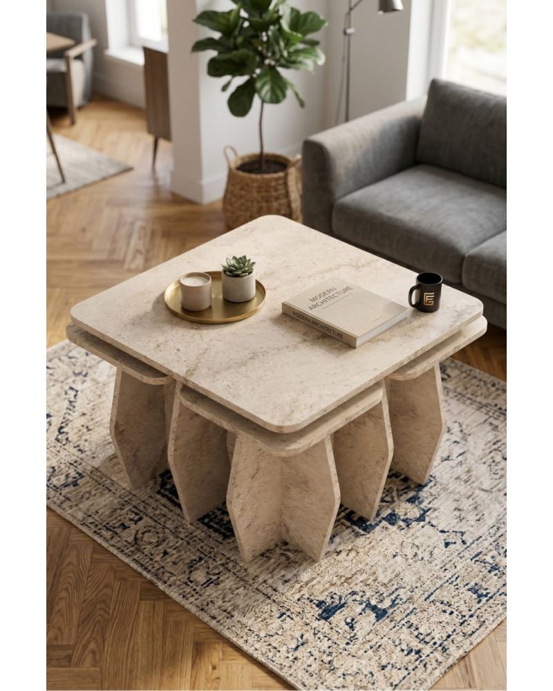 Orta Sehpa Ve Zigon Sehpa 5'li Set Modern Çok Amaçlı Salon Oturma Odası Yan Sehpa 9249 Traverten