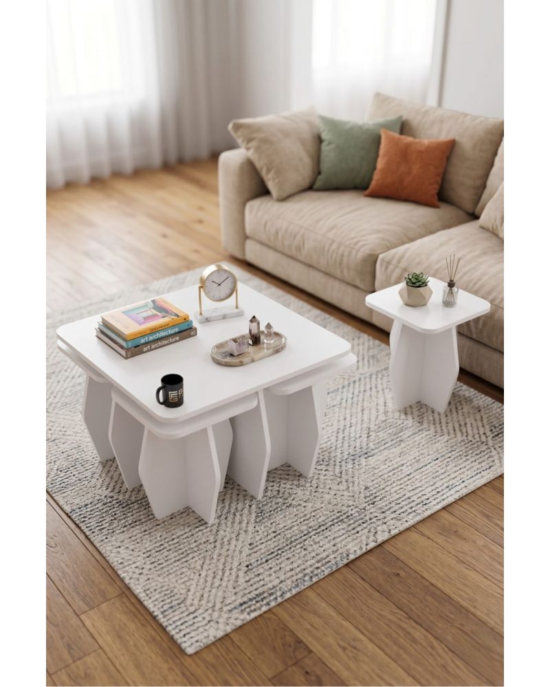 Orta Sehpa Ve Zigon Sehpa 5'li Set Modern Çok Amaçlı Salon Oturma Odası Yan Sehpa 9247 Beyaz