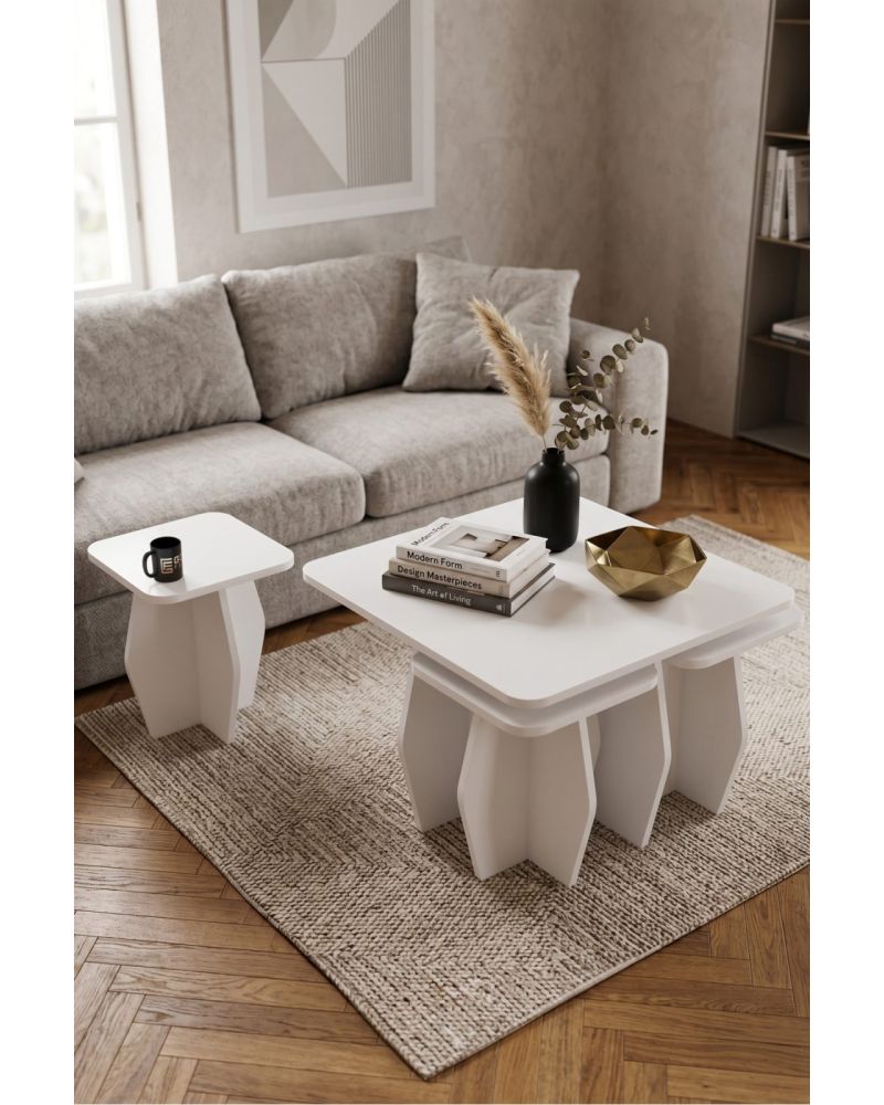 Orta Sehpa Ve Zigon Sehpa 5'li Set Modern Çok Amaçlı Salon Oturma Odası Yan Sehpa 9247 Beyaz