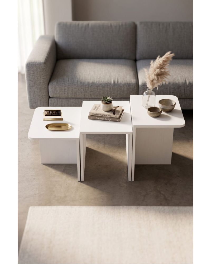 Orta Sehpa Zigon Sehpa 3'lü Yan Sehpa Modern Salon Sehpası Kare Orta Sehpa Liva 9259 Beyaz
