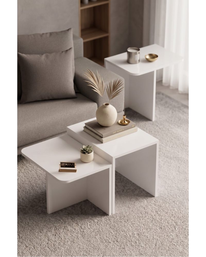 Orta Sehpa Zigon Sehpa 3'lü Yan Sehpa Modern Salon Sehpası Kare Orta Sehpa Liva 9259 Beyaz