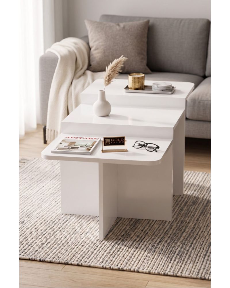 Orta Sehpa Zigon Sehpa 3'lü Yan Sehpa Modern Salon Sehpası Kare Orta Sehpa Liva 9259 Beyaz