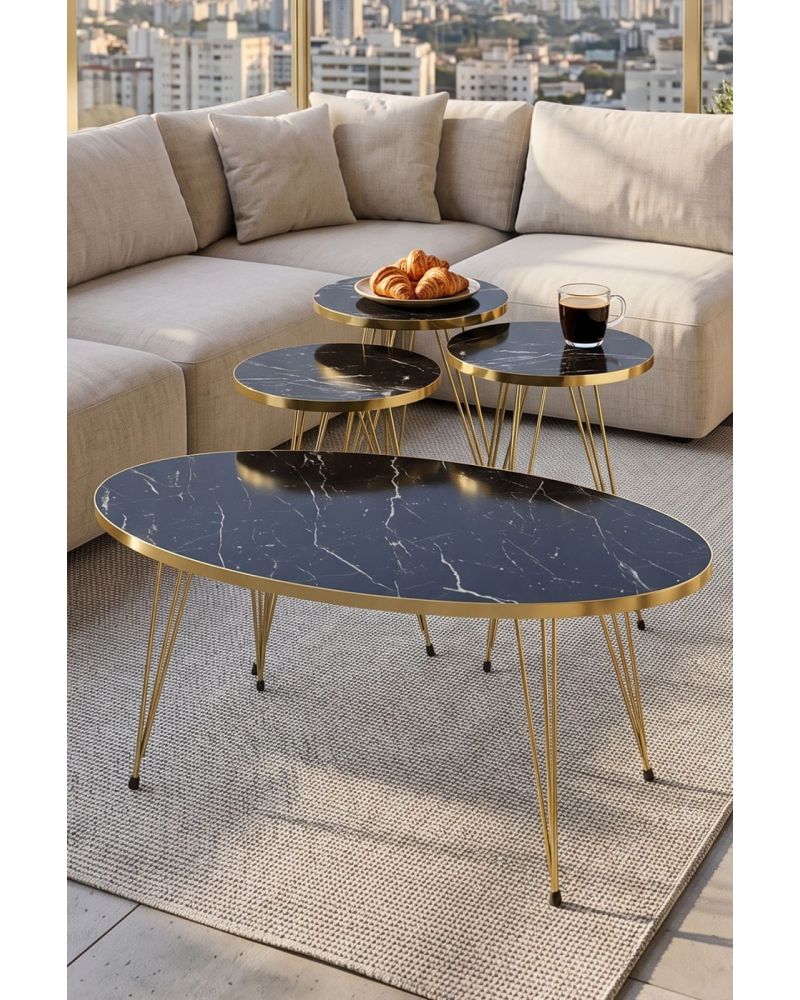 Zigon Sehpa Ve Orta Sehpa Elips Set Gold Bendir Tel