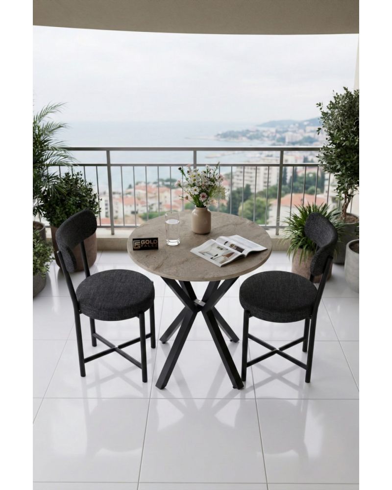 Mutfak Masası 70 Çap 2 Sandalyeli Traverten Görünümlü Balkon Bahçe Cafe Masa Seti Teddy 9843 Antrast