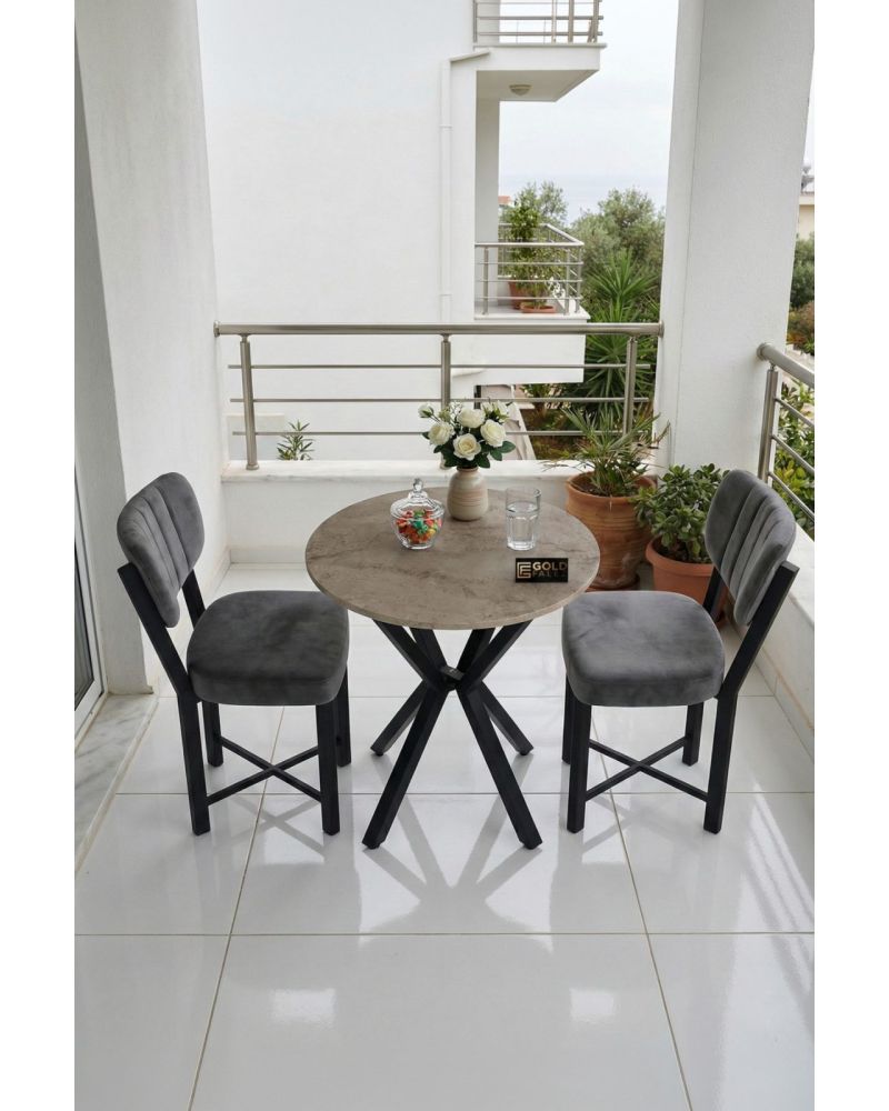 Mutfak Masası 70 Çap 2 Sandalyeli Traverten Görünümlü Balkon Bahçe Cafe Masa Seti Elma 9847 Antrasit