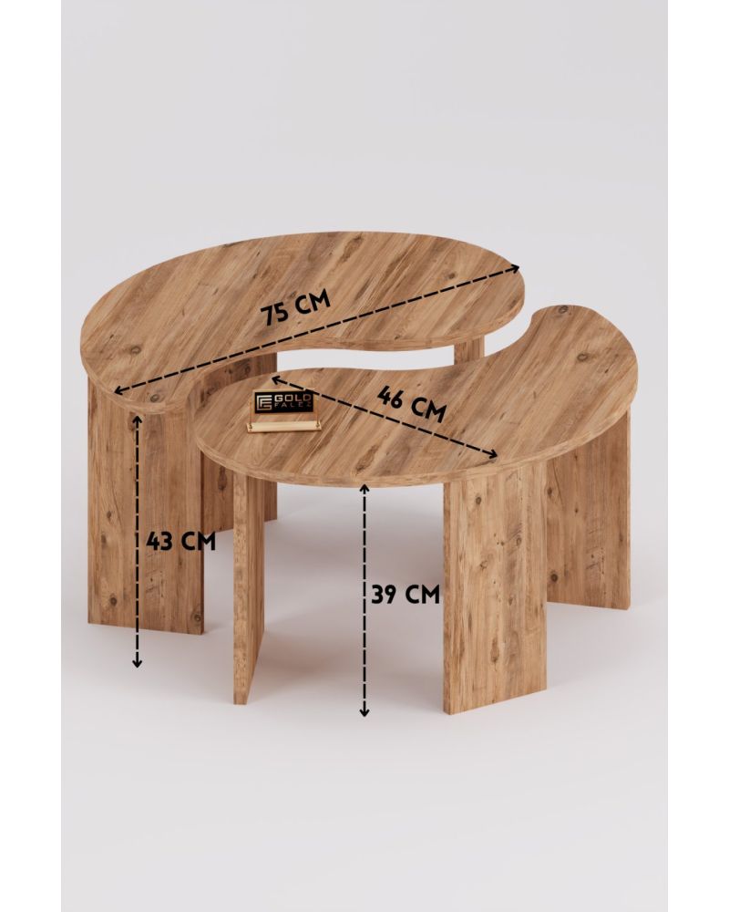 Orta Sehpa 2'li Sehpa Seti Oval Modern Dekoratif Salon Oturma Odası Sehpası Denge 9253 Atlantik Çam