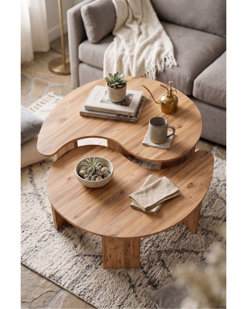 Orta Sehpa 2'li Sehpa Seti Oval Modern Dekoratif Salon Oturma Odası Sehpası Denge 9253 Atlantik Çam