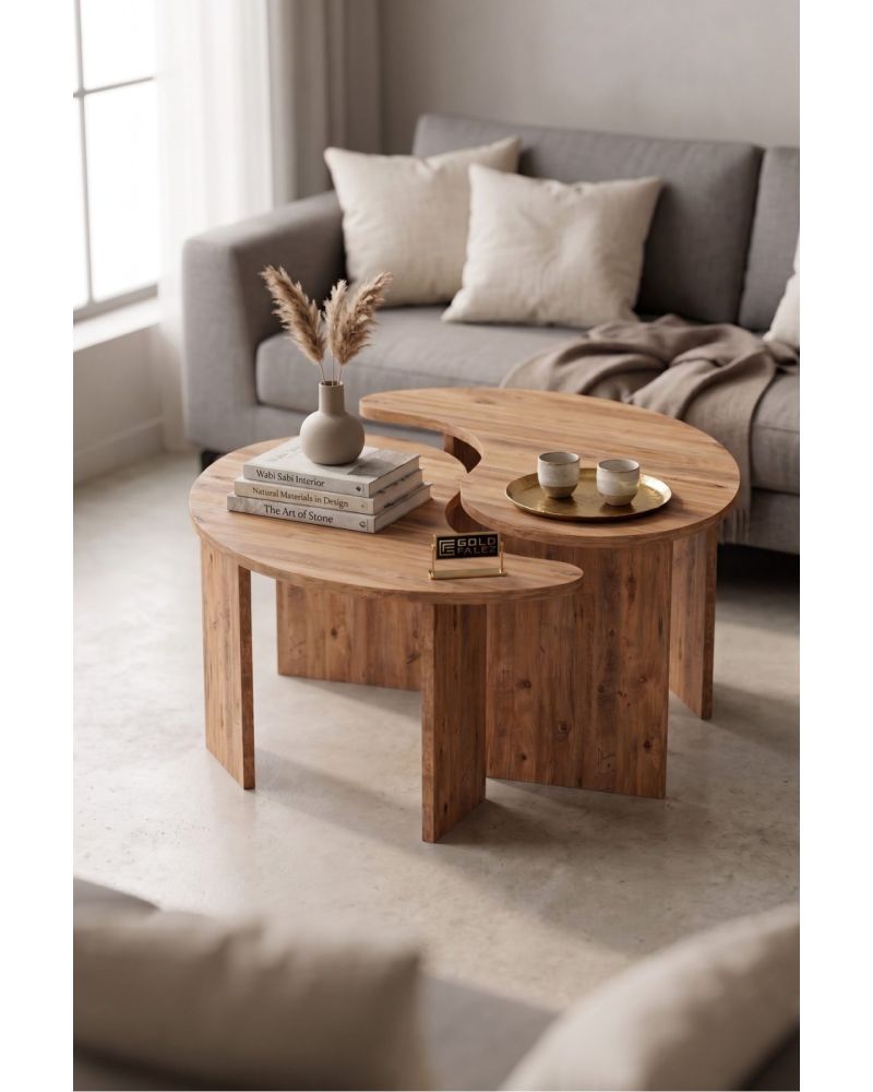 Orta Sehpa 2'li Sehpa Seti Oval Modern Dekoratif Salon Oturma Odası Sehpası Denge 9253 Atlantik Çam