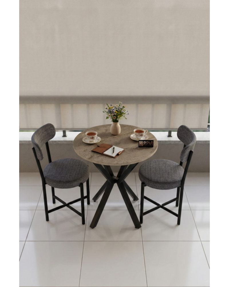 Mutfak Masası 70 Çap 2 Sandalyeli Traverten Görünümlü Balkon Bahçe Cafe Masa Seti Teddy 9842 Gri