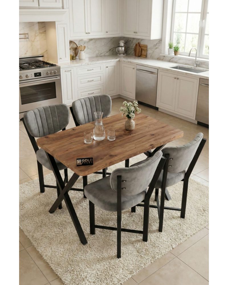 Mutfak Masası 4 Sandalyeli Set 110x70 cm Modern Masa Takımı Cafe Balkon Ofis Masa Elma 9884 Gri
