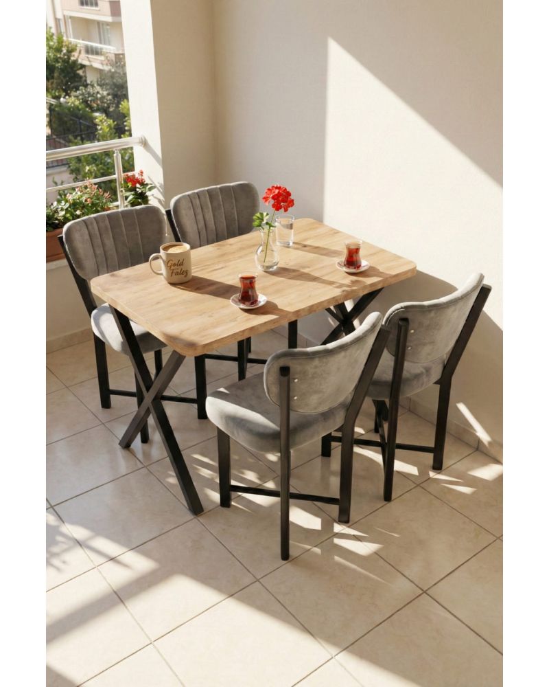 Mutfak Masası 4 Sandalyeli Set 110x70 cm Modern Masa Takımı Cafe Balkon Ofis Masa Elma 9884 Gri
