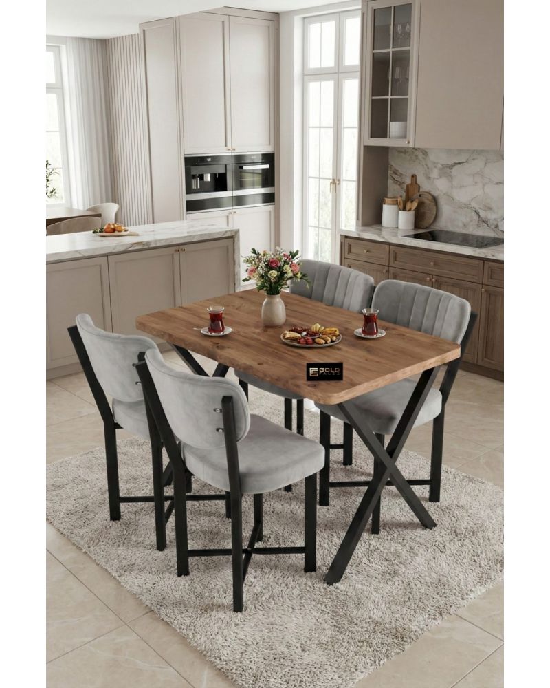 Mutfak Masası 4 Sandalyeli Set 110x70 cm Modern Masa Takımı Cafe Balkon Ofis Masa Elma 9884 Gri