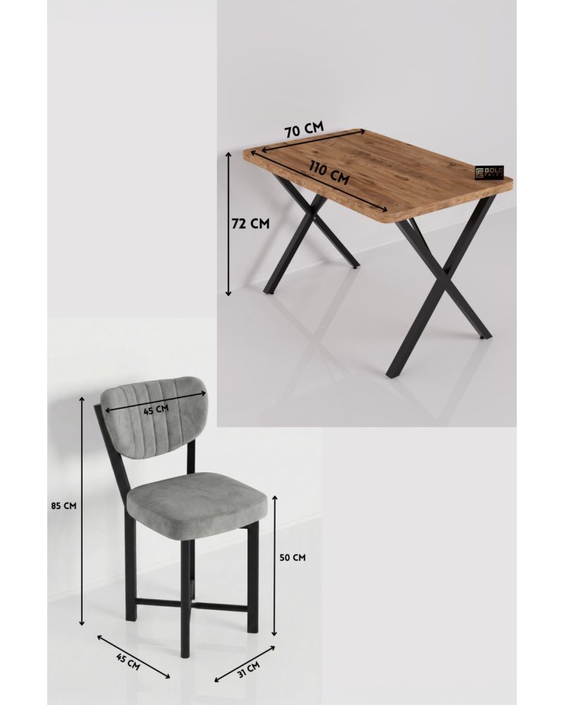 Mutfak Masası 4 Sandalyeli Set 110x70 cm Modern Masa Takımı Cafe Balkon Ofis Masa Elma 9884 Gri