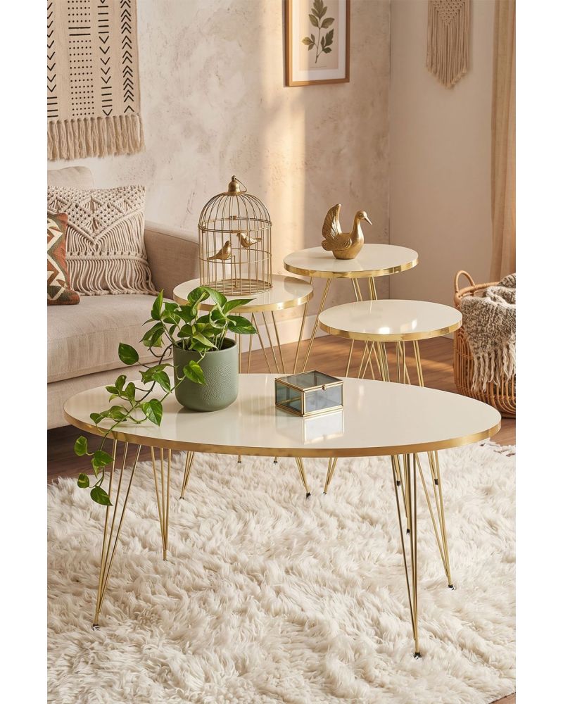 Zigon Sehpa Ve Orta Sehpa Elips Set Gold Krem Tel