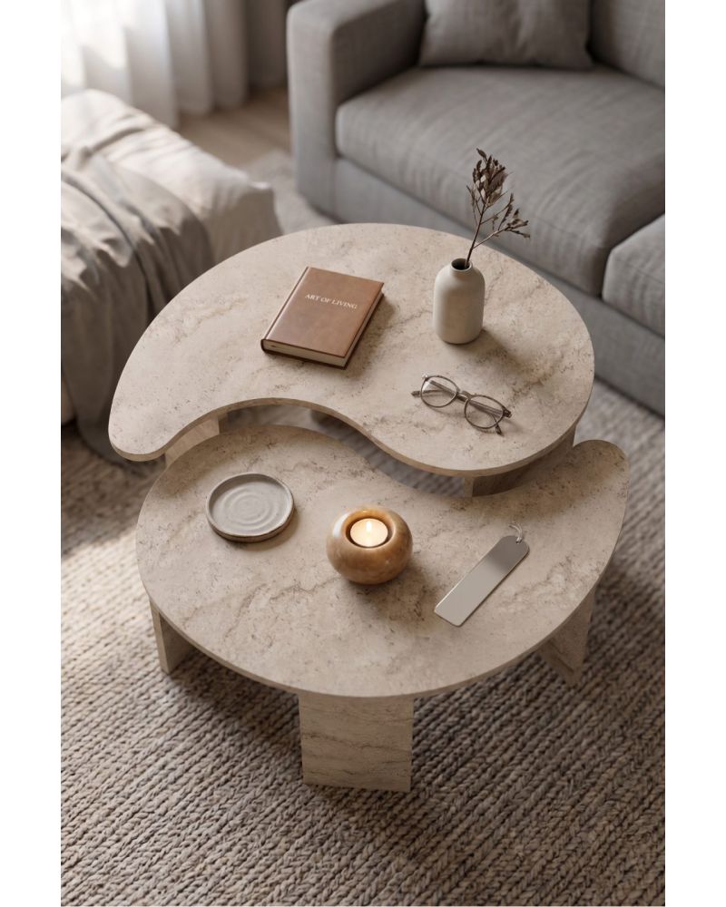 Orta Sehpa 2'li Sehpa Seti Oval Modern Dekoratif Salon Oturma Odası Sehpası Denge 9254 Traverten