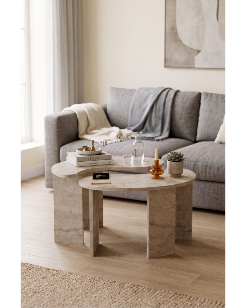 Orta Sehpa 2'li Sehpa Seti Oval Modern Dekoratif Salon Oturma Odası Sehpası Denge 9254 Traverten