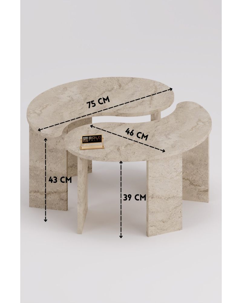 Orta Sehpa 2'li Sehpa Seti Oval Modern Dekoratif Salon Oturma Odası Sehpası Denge 9254 Traverten