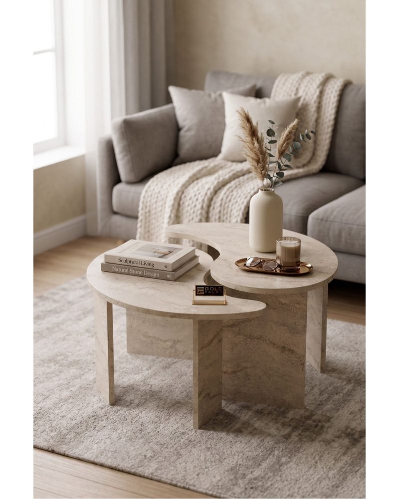 Orta Sehpa 2'li Sehpa Seti Oval Modern Dekoratif Salon Oturma Odası Sehpası Denge 9254 Traverten