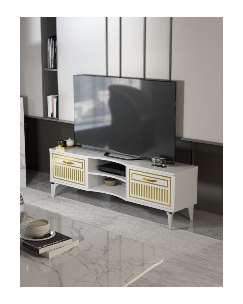 Tv Sehpası Tv Ünitesi Vera Beyaz Gold Çizgili 5052
