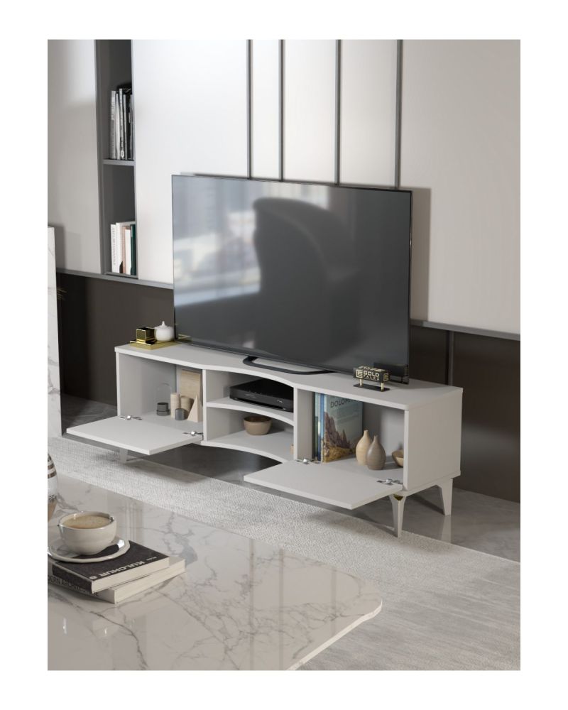 Tv Sehpası Tv Ünitesi Vera Beyaz Gold Çizgili 5052