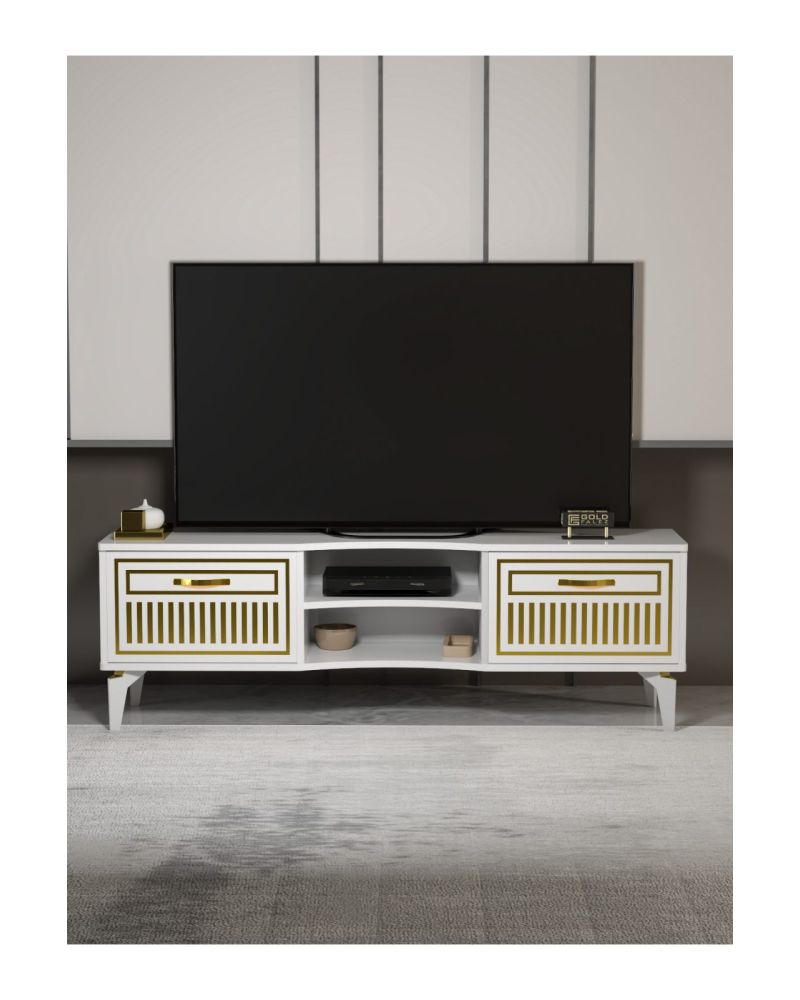 Tv Sehpası Tv Ünitesi Vera Beyaz Gold Çizgili 5052