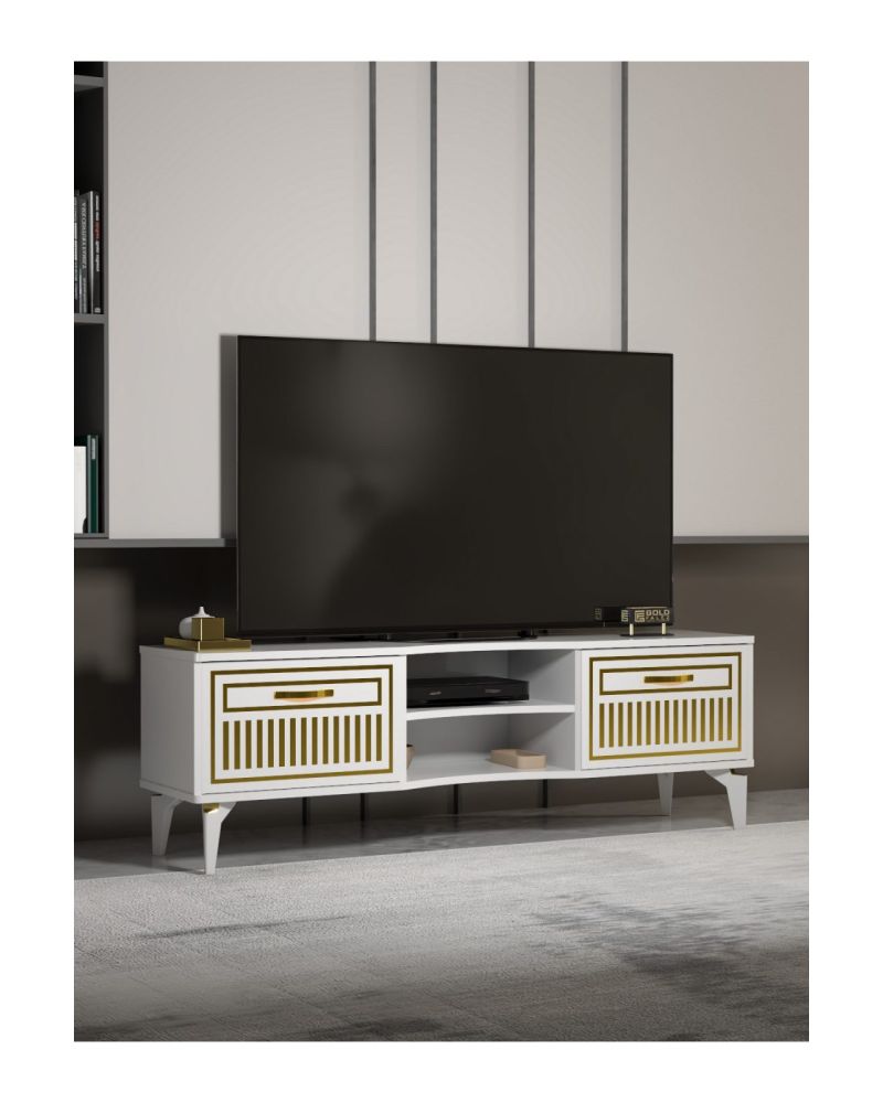 Tv Sehpası Tv Ünitesi Vera Beyaz Gold Çizgili 5052
