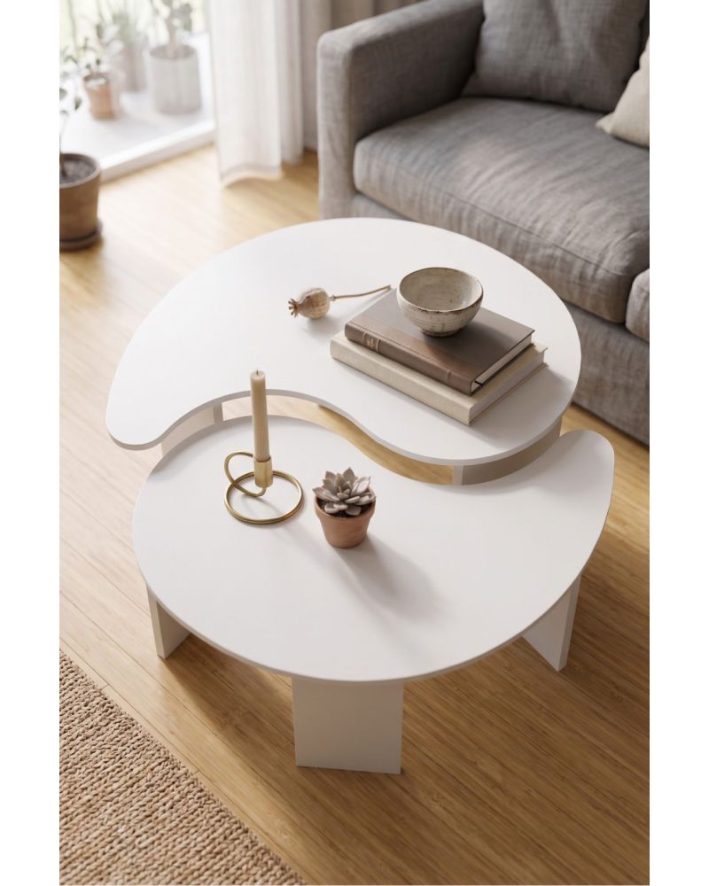 Orta Sehpa 2'li Sehpa Seti Oval Modern Dekoratif Salon Oturma Odası Sehpası Denge 9255 Beyaz
