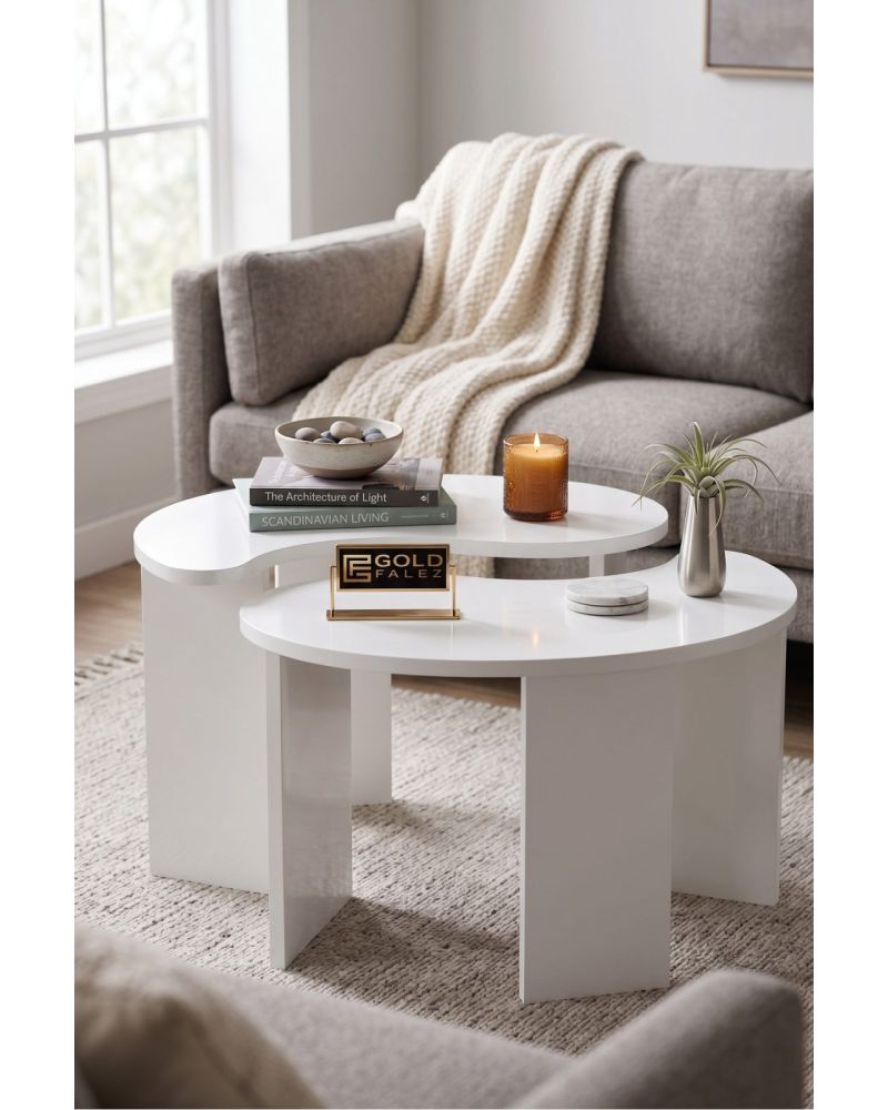 Orta Sehpa 2'li Sehpa Seti Oval Modern Dekoratif Salon Oturma Odası Sehpası Denge 9255 Beyaz
