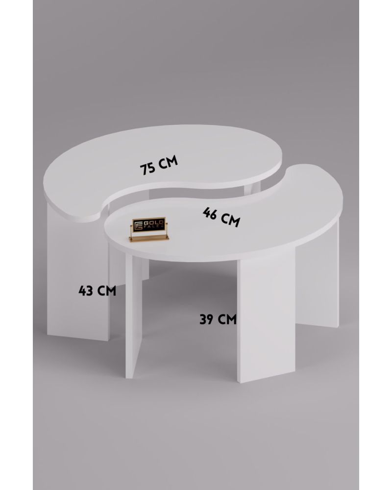 Orta Sehpa 2'li Sehpa Seti Oval Modern Dekoratif Salon Oturma Odası Sehpası Denge 9255 Beyaz