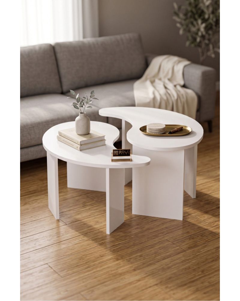 Orta Sehpa 2'li Sehpa Seti Oval Modern Dekoratif Salon Oturma Odası Sehpası Denge 9255 Beyaz