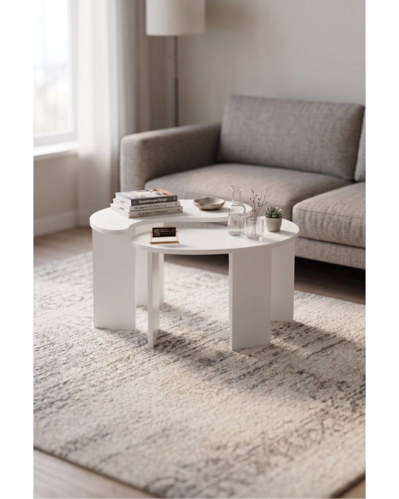 Orta Sehpa 2'li Sehpa Seti Oval Modern Dekoratif Salon Oturma Odası Sehpası Denge 9255 Beyaz