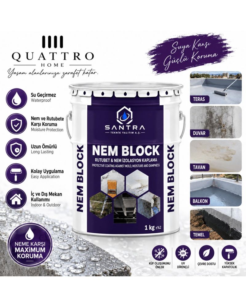 Nem Block 1 KG Su Geçirmez Rutubet ve Nem İzolasyon Kaplaması – İç Dış Mekan Su Yalıtım Boyası