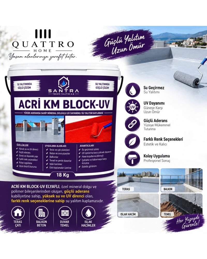 Acri KM Block-UV 5 KG Kumlu Su Yalıtım Kaplaması – UV Dayanımlı Teras, Çatı ve Balkon İzolasyonu