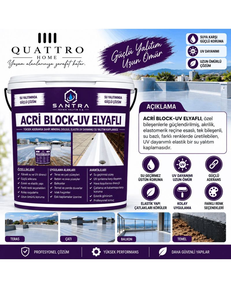 Acri Block-UV Elyaflı 18 KG Su Yalıtım Kaplaması – UV Dayanımlı, Elastik, Teras Çatı Balkon İzolasyonu