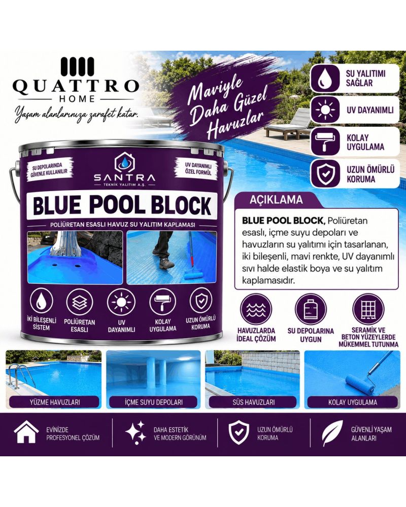 Quattro Home Blue Pool Block Poliüretan Esaslı Havuz Su Yalıtım Kaplaması 7,5 KG+1KG  – Çift Bileşenli, UV Dayanımlı, Mavi Elastik İzolasyon Boyası