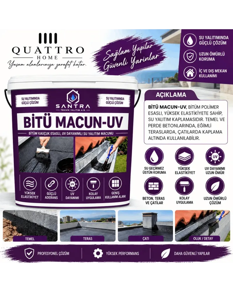 Bitü Macun-UV Bitüm Kauçuk Esaslı Su Yalıtım Macunu 5 KG  – UV Dayanımlı, Elastik, Teras Çatı ve Temel İzolasyonu