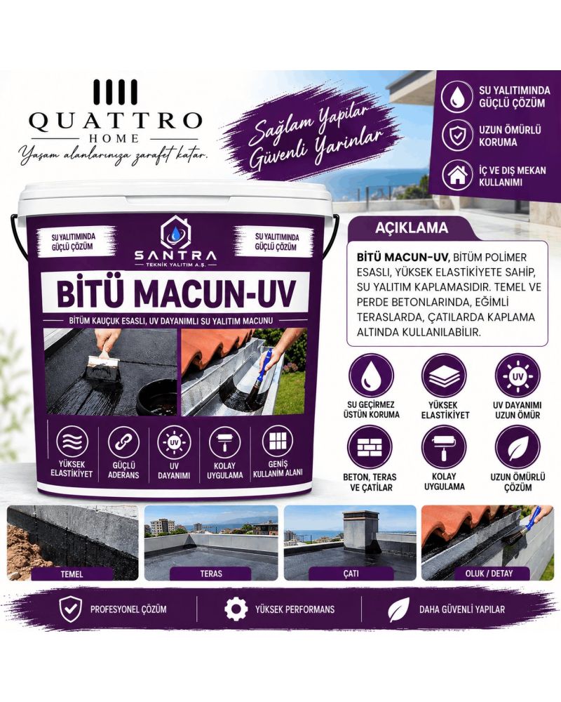 Bitü Macun-UV Bitüm Kauçuk Esaslı Su Yalıtım Macunu 5 KG  – UV Dayanımlı, Elastik, Teras Çatı ve Temel İzolasyonu