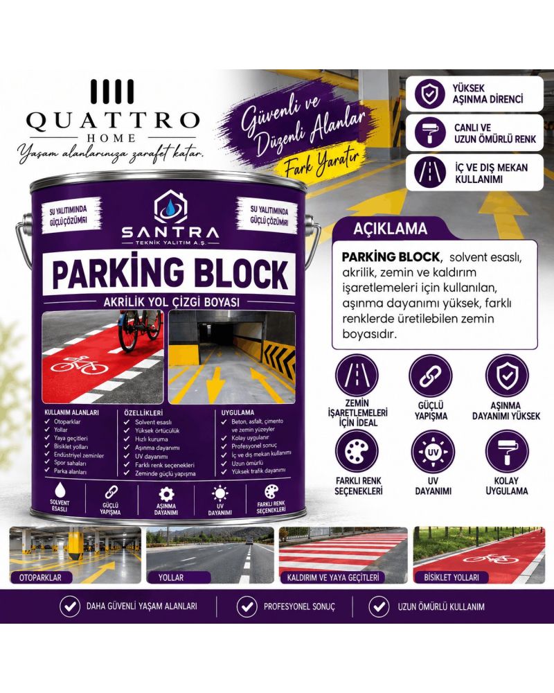 Parking Block Akrilik Yol Çizgi Boyası 5 KG– Solvent Bazlı, Aşınmaya Dayanıklı Otopark, Yol ve Zemin İşaretleme Boyası